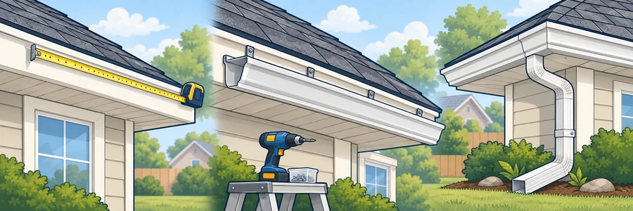 Illustrated strip showing gutter installation and replacement work