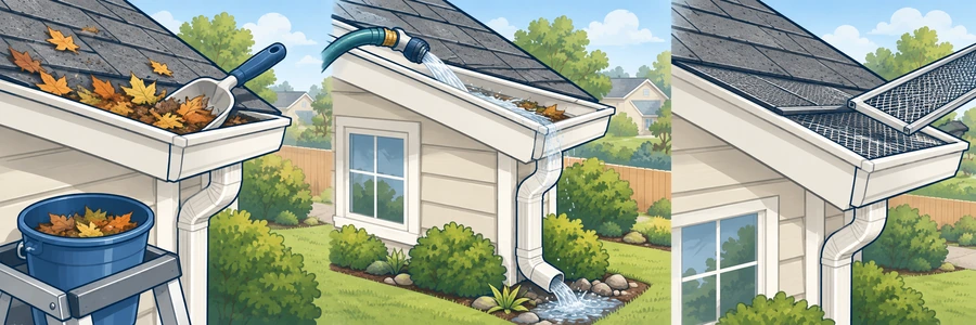 Illustrated strip showing gutter cleaning and protection