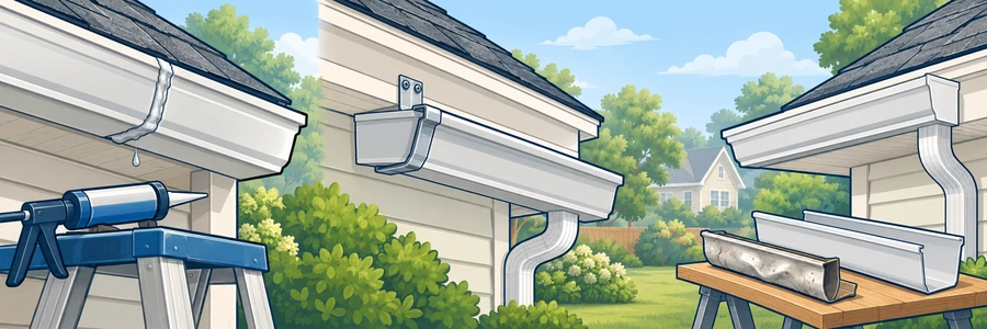 Illustrated strip showing common gutter repairs