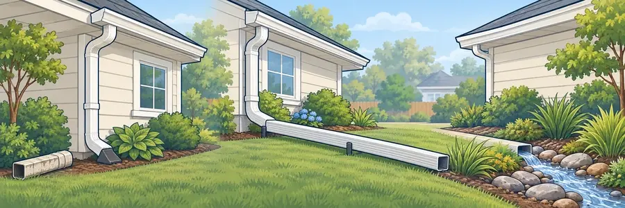 Illustrated strip showing downspouts, extensions and water routing
