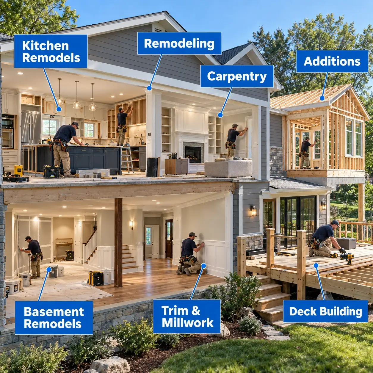 Residential remodeling and carpentry projects including interior renovation, trim work, kitchen improvements and a deck