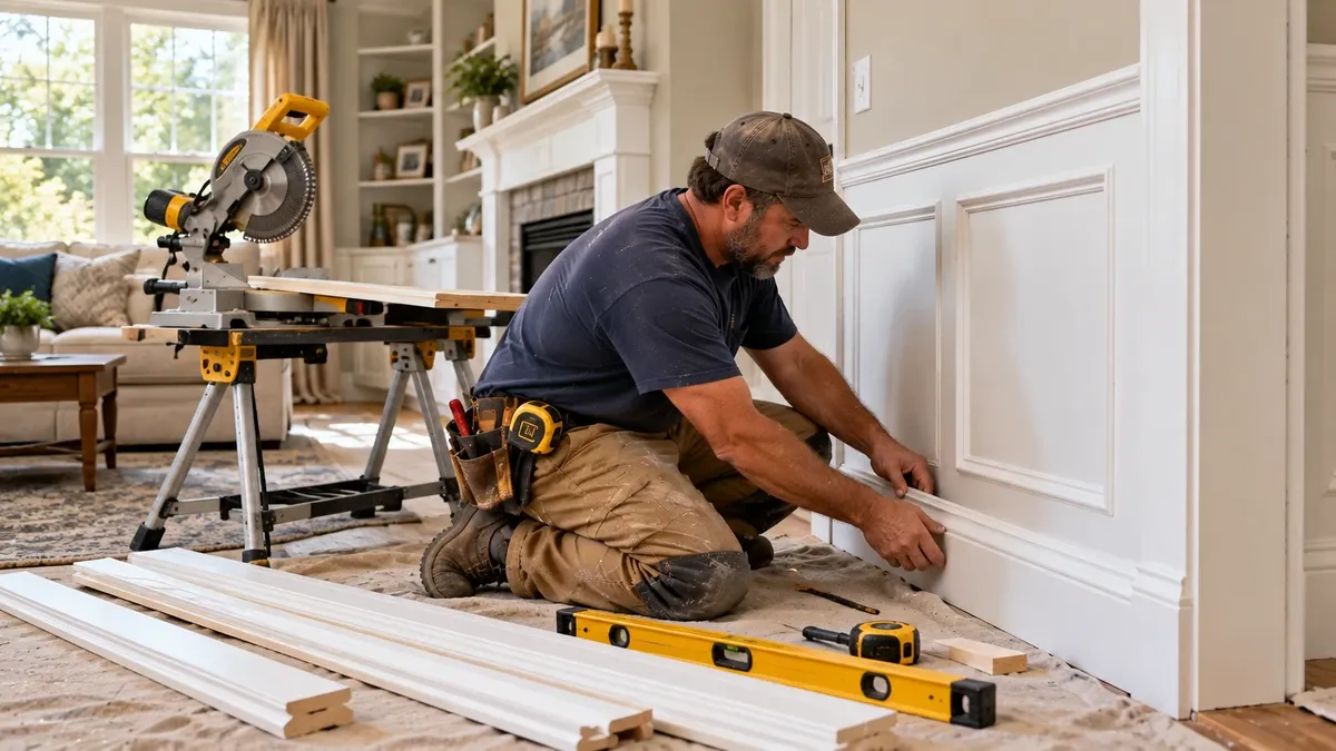 Finish carpentry, trim and millwork being installed inside a residential home