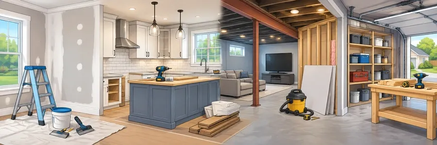 Illustrated strip showing remodeling and renovation projects