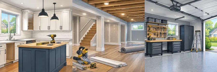 Illustrated strip showing kitchen, basement and garage remodeling