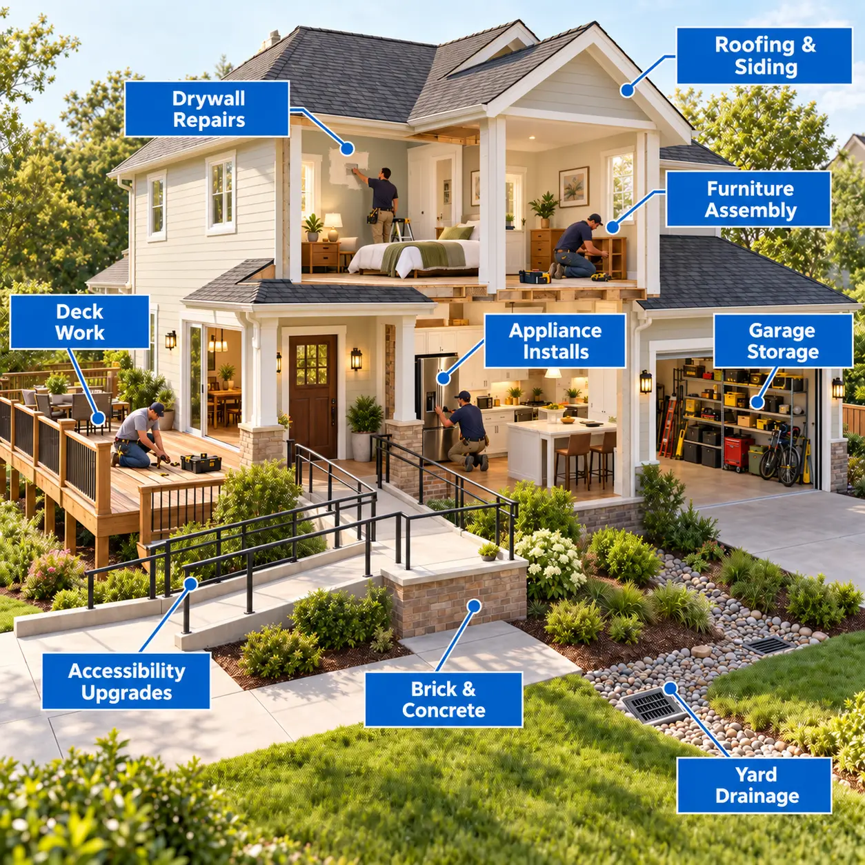 a large number of home repair issues and handymen working on fixing them