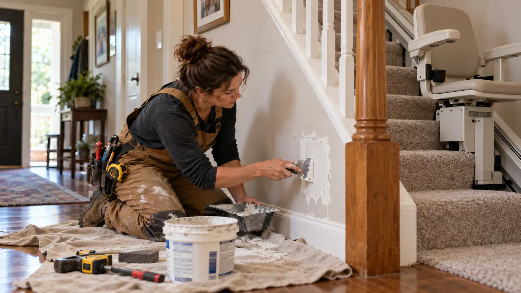 A repair professional working on trim or a wall beside a staircase