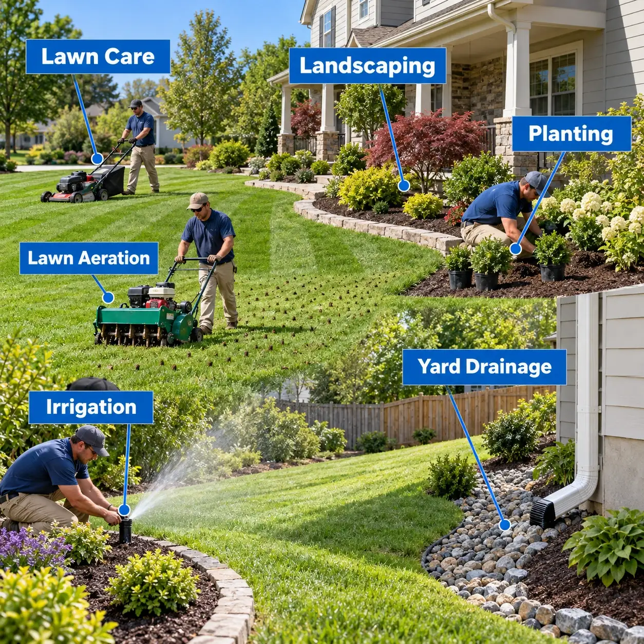 Residential lawn and landscaping projects including yard maintenance, planting, irrigation and drainage work