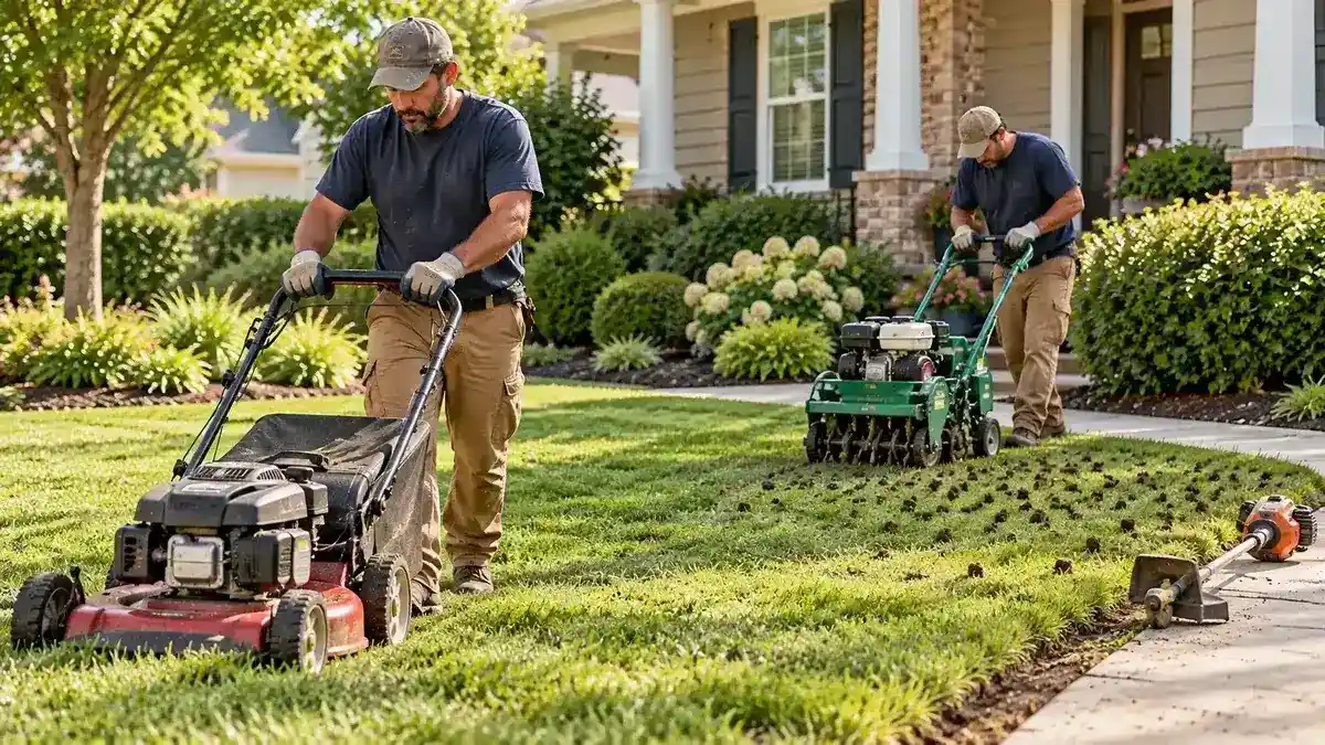 Lawn care and routine yard maintenance at a residential home