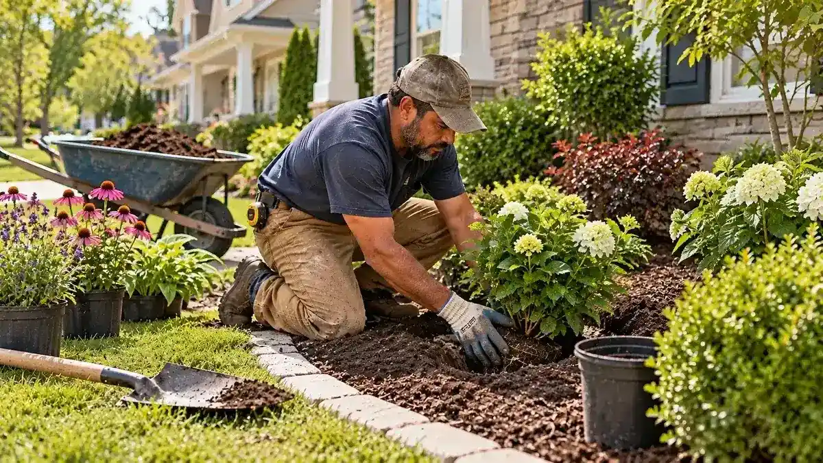 Residential landscaping and planting work with garden beds and shrubs