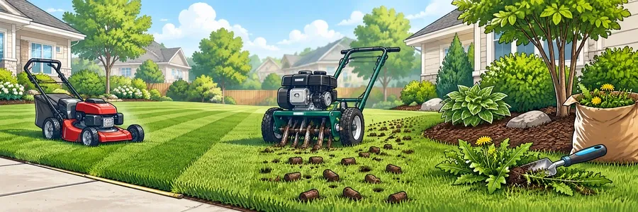 Illustrated strip showing lawn maintenance and aeration work