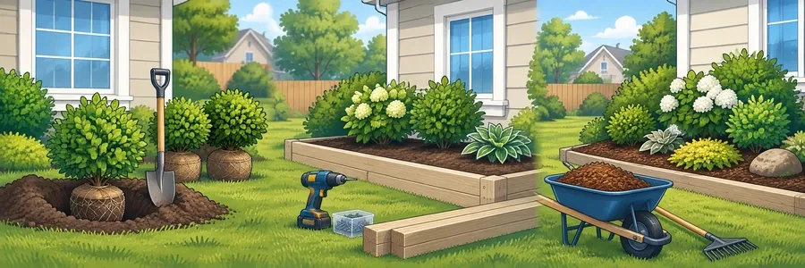 Illustrated strip showing landscaping, planting and garden-bed work