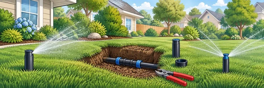 Illustrated strip showing sprinkler and irrigation projects