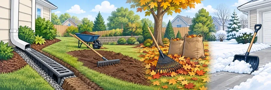 Illustrated strip showing yard drainage, cleanup and seasonal outdoor work