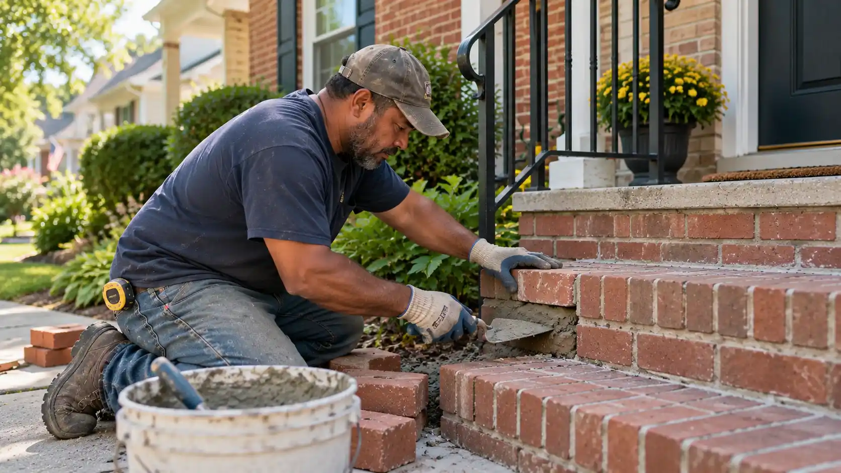 A mason repairing brick and mortar on the exterior of a home
