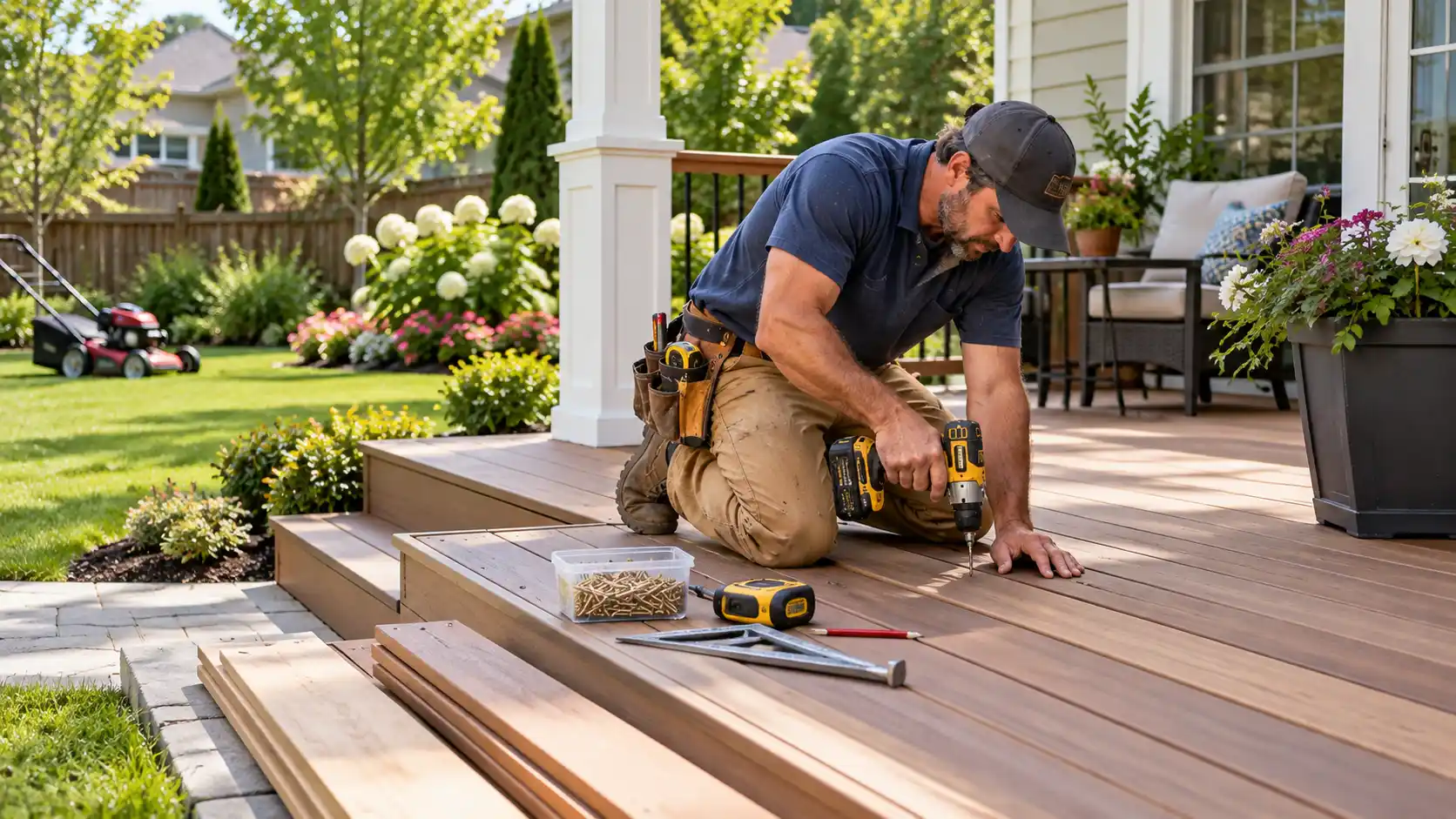 A repair professional working on a deck beside a residential yard
