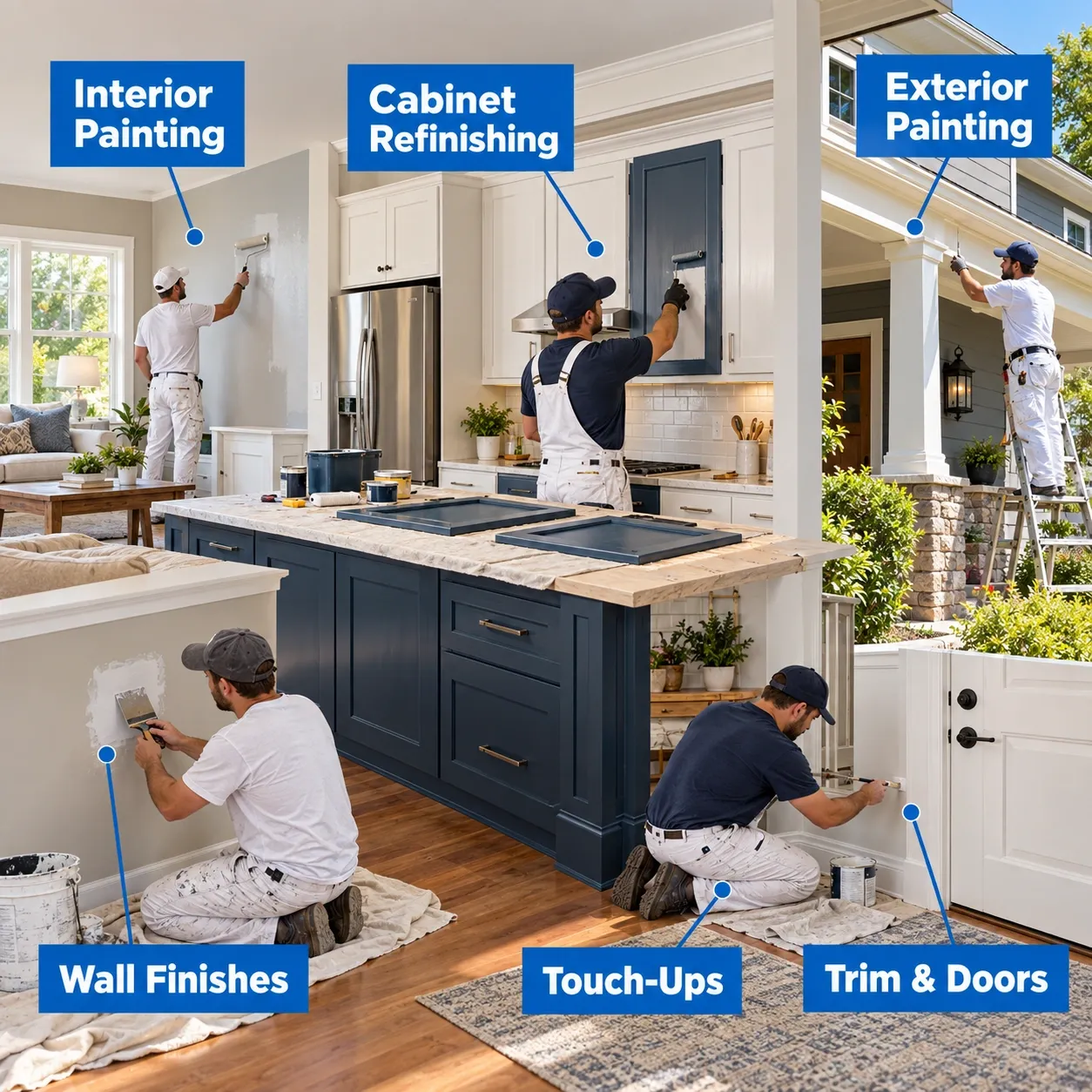 Residential painting and wall finish projects including interior walls, cabinets, trim, doors and exterior surfaces