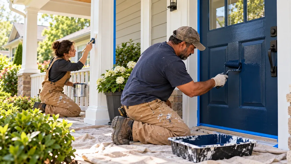 Exterior residential painting focused on trim, doors and detailed surfaces