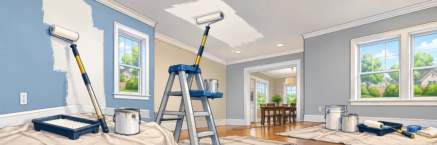 Illustrated strip showing interior wall and ceiling painting