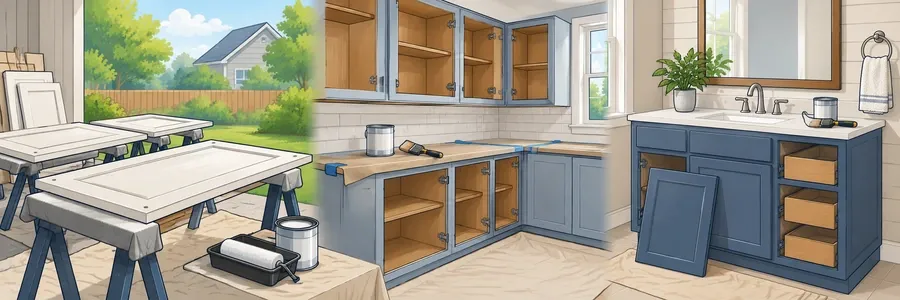 Illustrated strip showing cabinet and vanity repainting