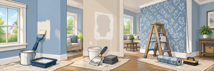 Illustrated strip showing paint touch-ups and wall finish work