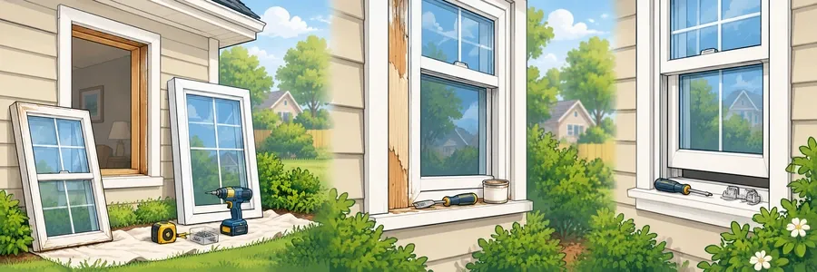 Illustrated strip showing residential window installation, replacement and repair