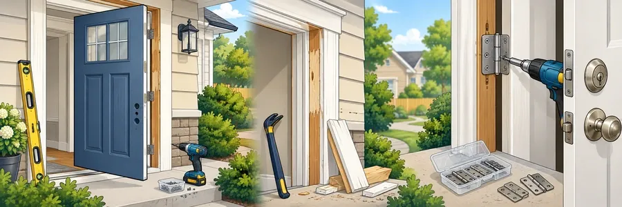Illustrated strip showing residential doors, frames and hardware