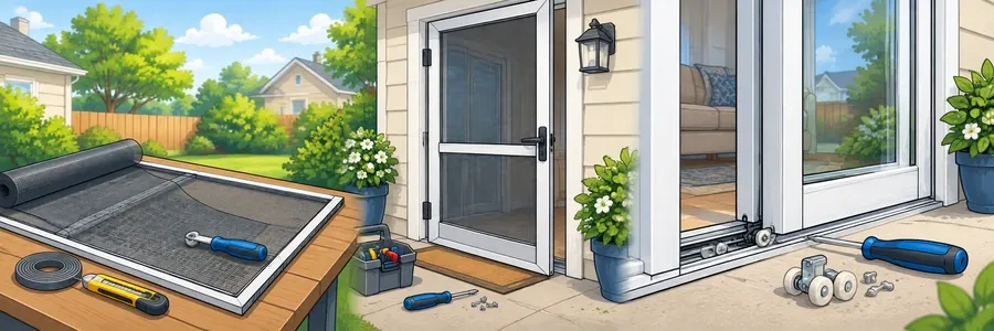 Illustrated strip showing screen doors, patio doors and specialty door projects