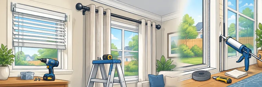 Illustrated strip showing window treatments and weather sealing