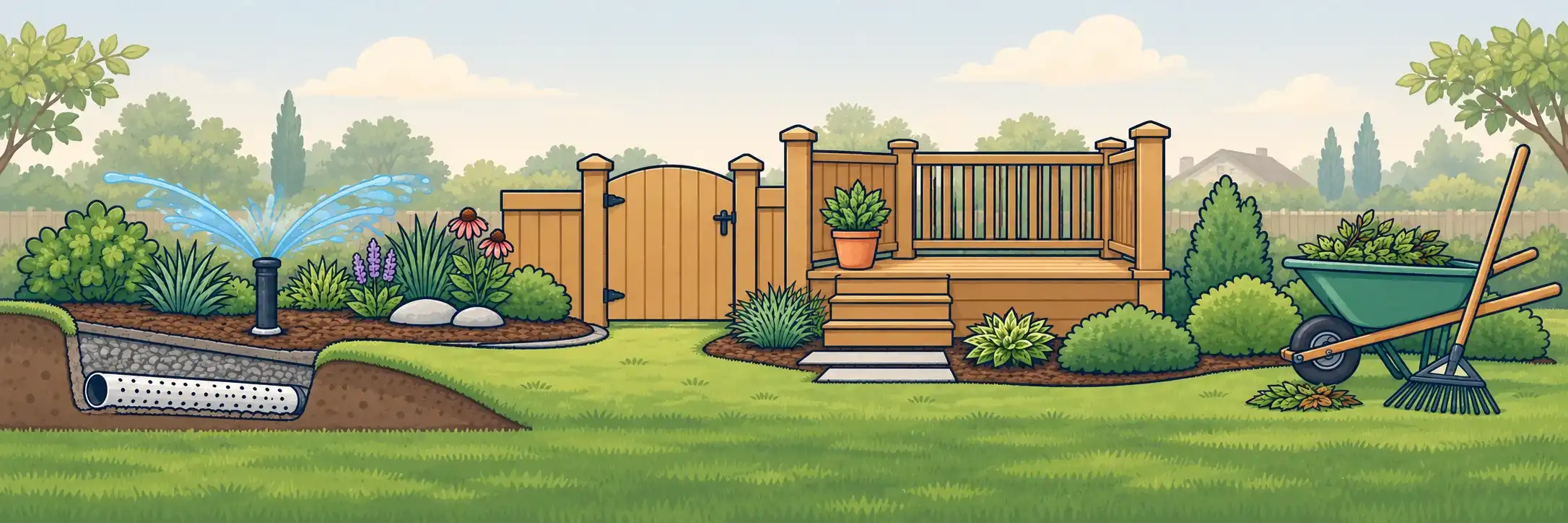 Illustrated strip showing drainage, yard and outdoor projects